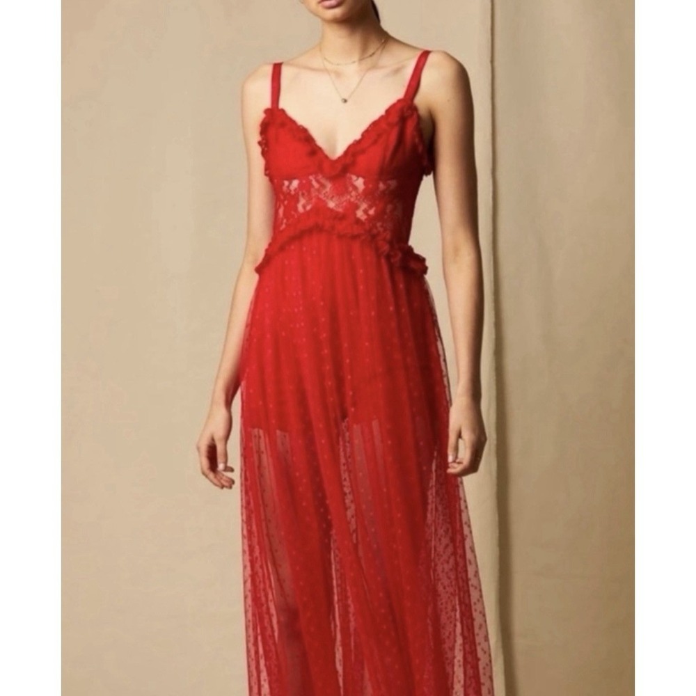 Choosy Red Lace Tulle Ruffle Maxi Dress Sheer Polka Dot Size 12 NWT